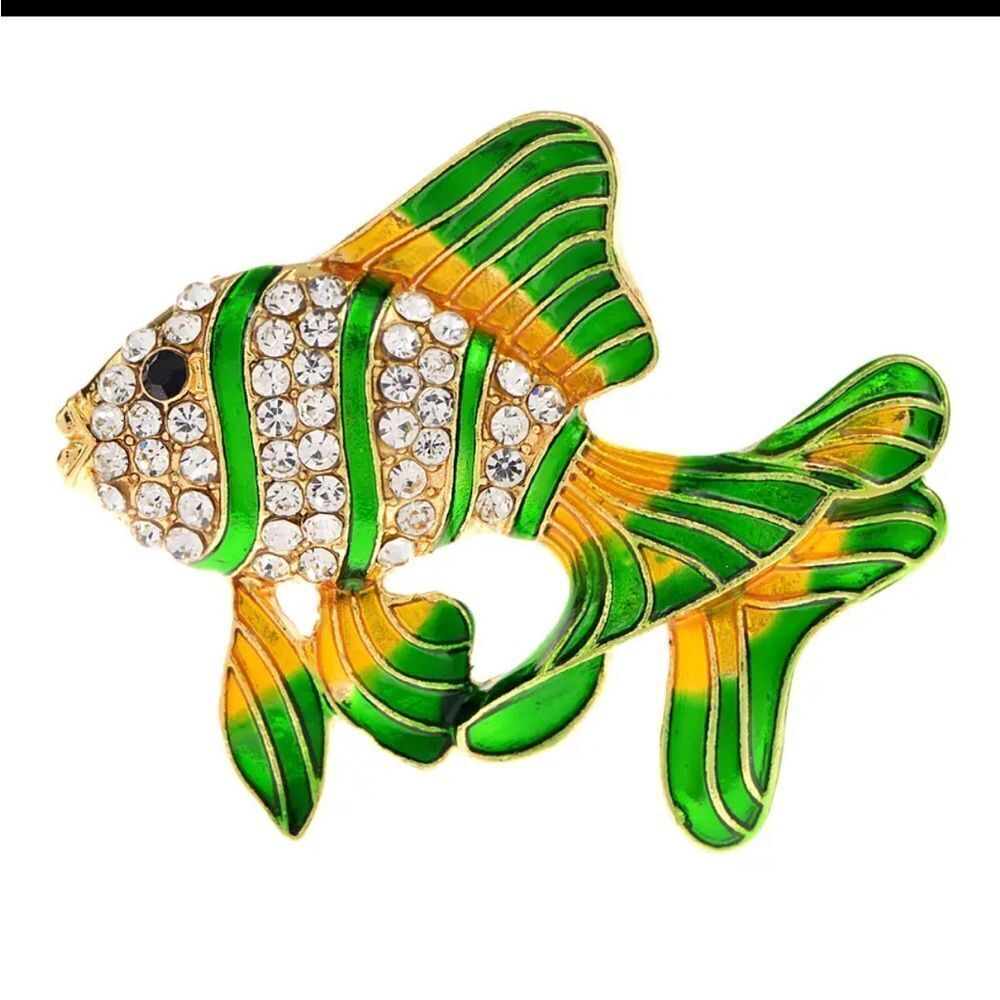 GREEN AND YELLOW FANCY FISH BROOCH‎ WITH RHINESTONES